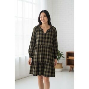 Beach Lunch Lounge Robyn Flannel Green Plaid Buffalo Check Babydoll Dress Sz L